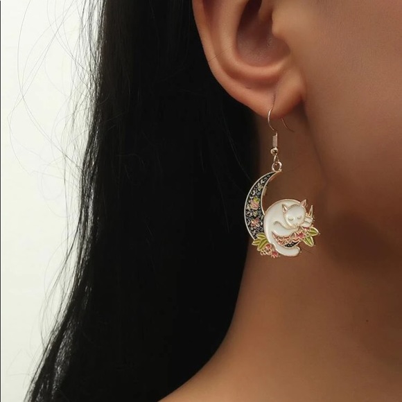 Kathrono Jewelry - 🌙 Last pair! Crescent Moon Flowers Sleeping Kitty Cat 🐈